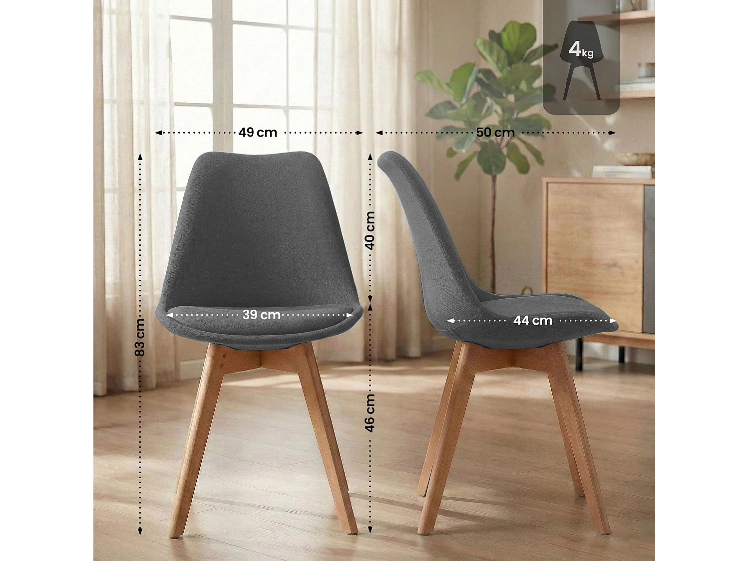Lot de 4  chaise salle à manger - Tissu - Gris - Linares