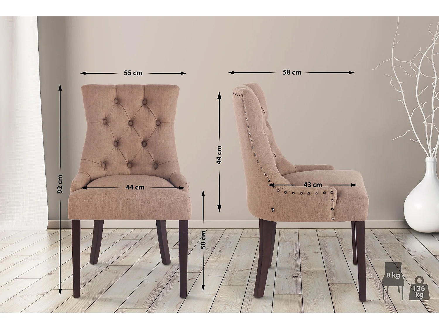 Lot de 2  chaise salle à manger - Tissu & Antique - Taupe - Aberdeen