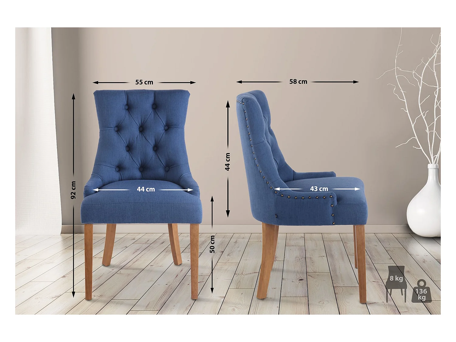 2er Set Esszimmerstuhl - Stoff & antik-hell - blau - Aberdeen