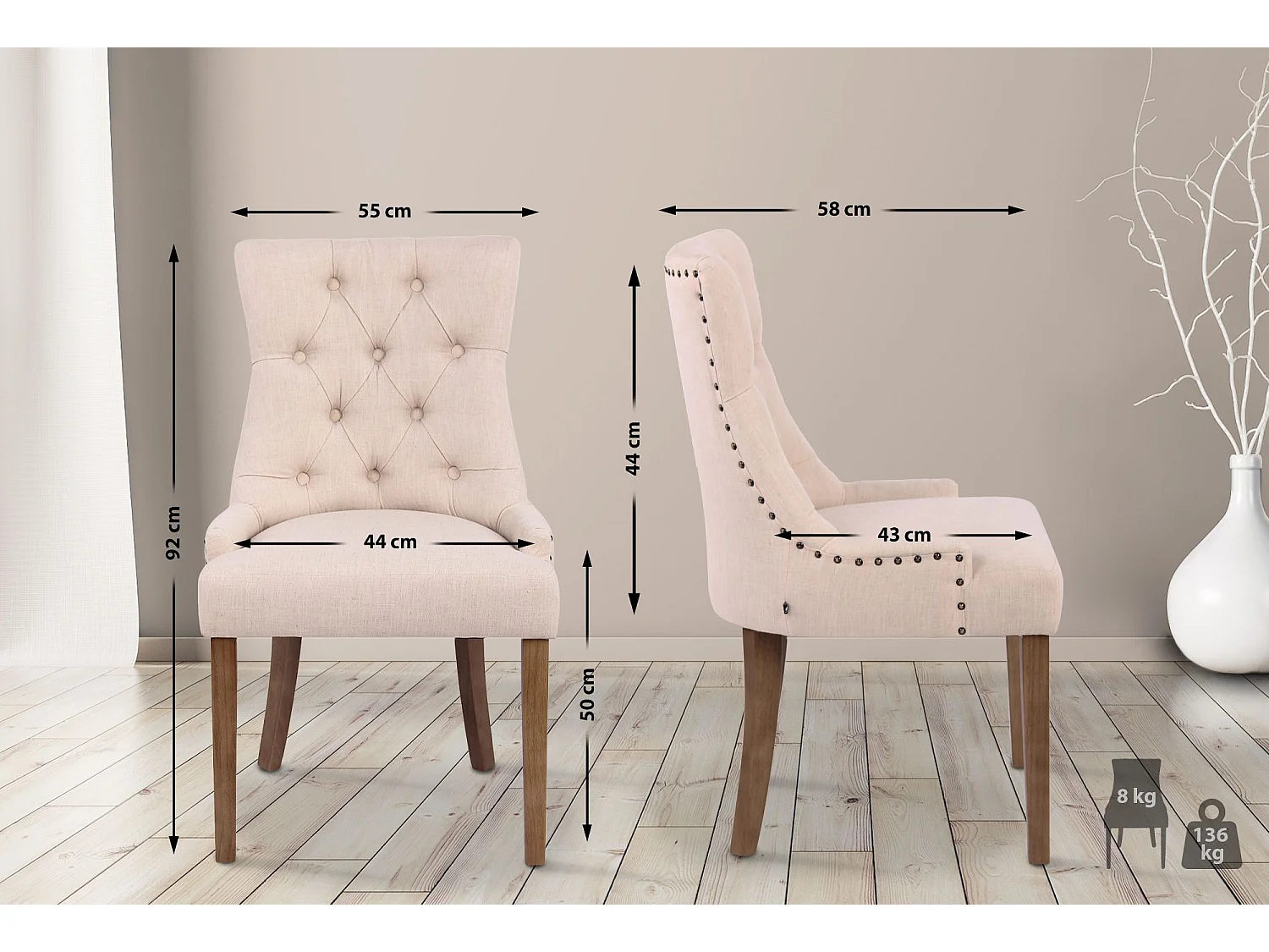 Lot de 2  chaise salle à manger - Tissu & Antique clair - Crème - Aberdeen