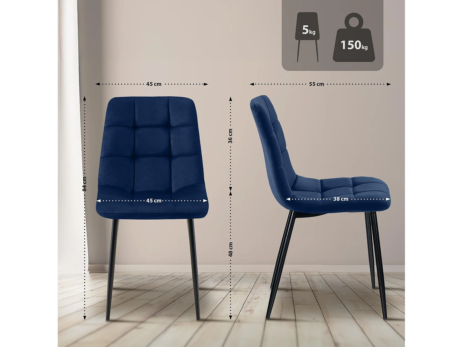 Lot de 4  chaise salle à manger - Velours - Bleu - Tilde