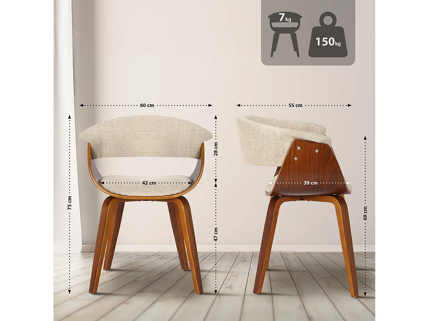 chaise salle à manger - Tissu & Noyer - Crème - Bruce