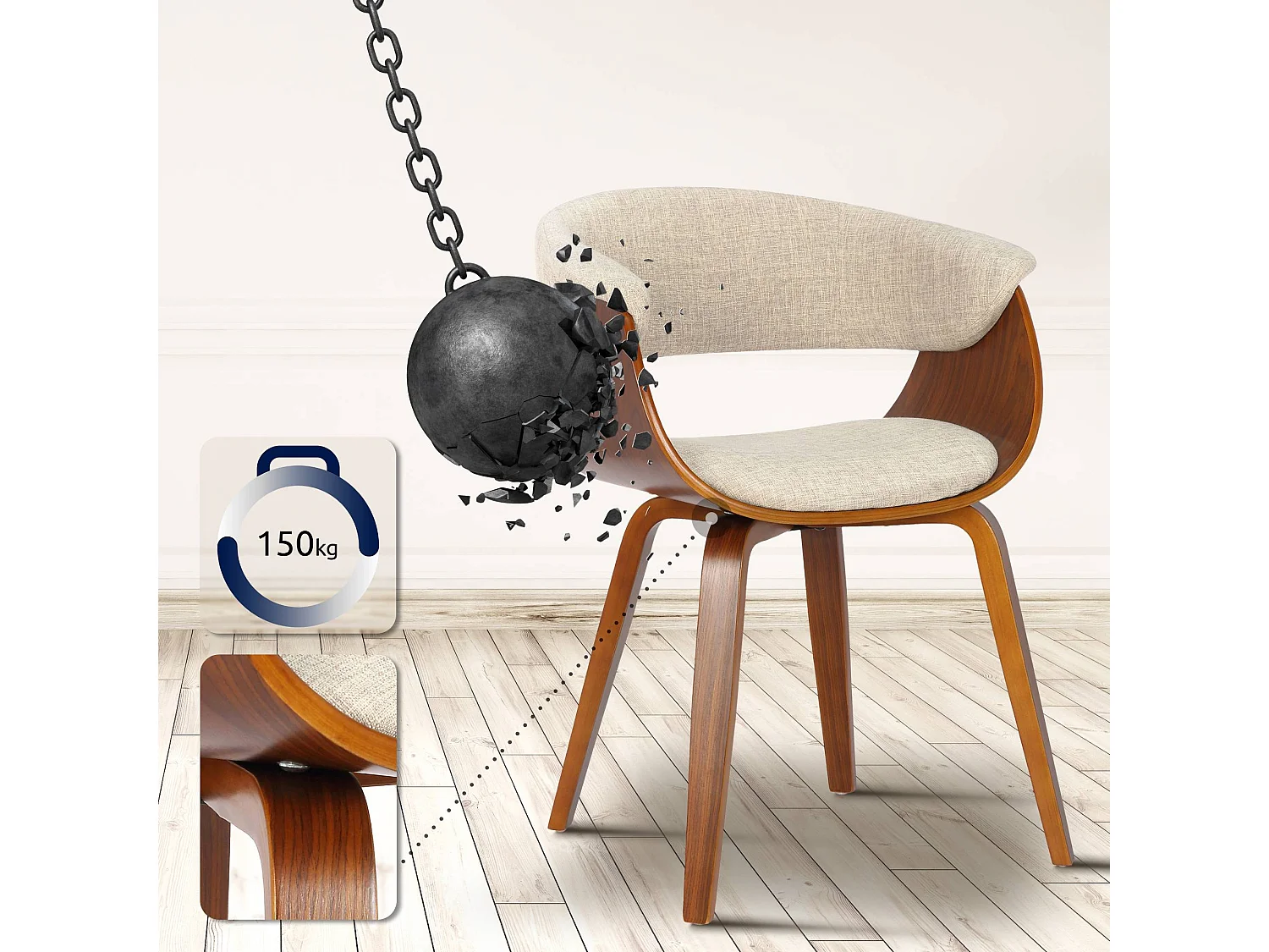 chaise salle à manger - Tissu & Noyer - Crème - Bruce