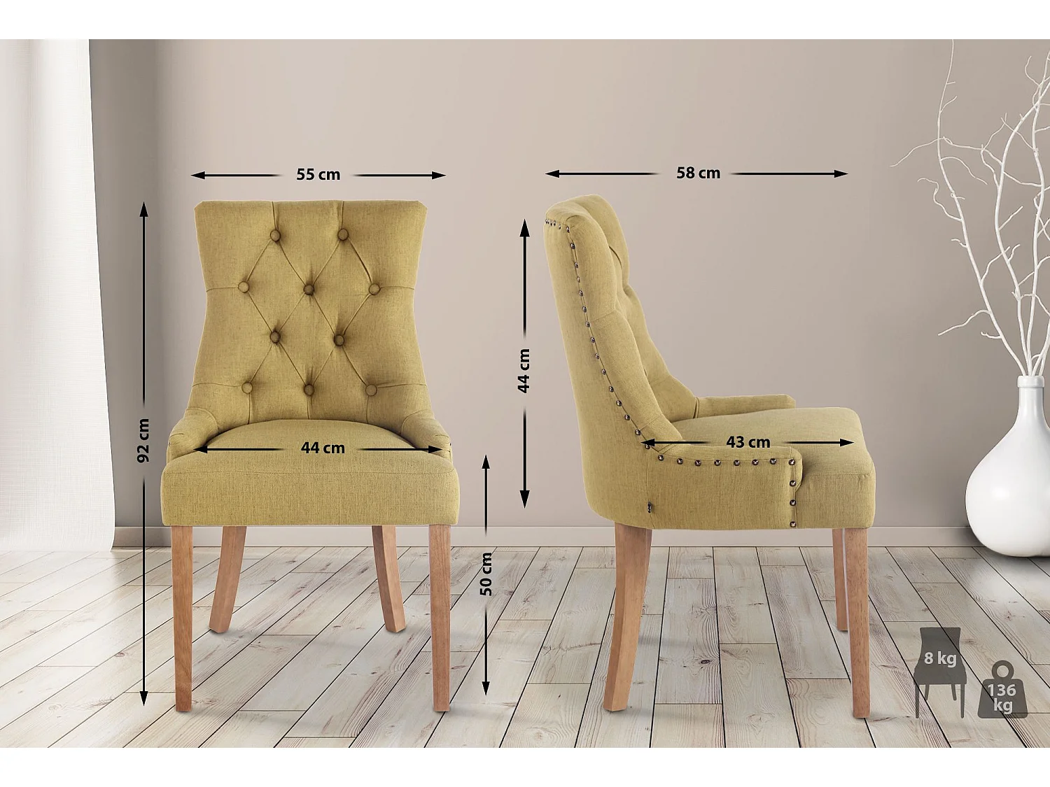 Lot de 2  chaise salle à manger - Tissu & Antique clair - Vert - Aberdeen