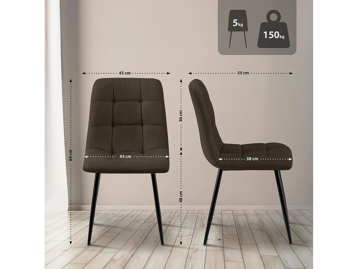 Lot de 4  chaise salle à manger - Tissu - Marron - Tilde