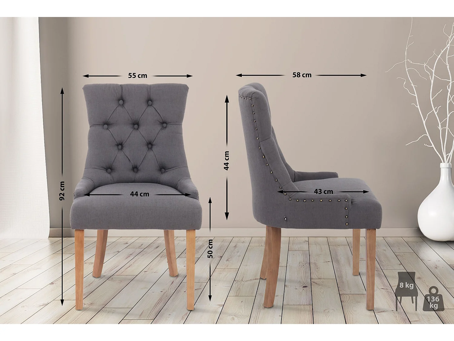 Lot de 2  chaise salle à manger - Tissu & Antique clair - Gris foncé - Aberdeen