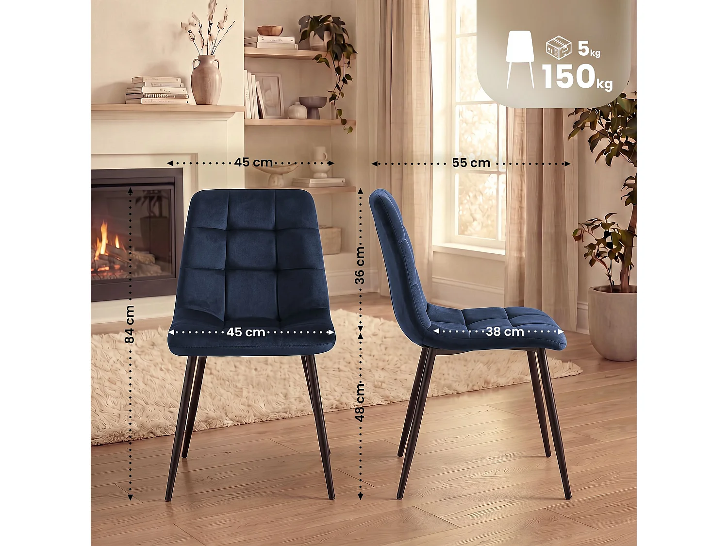 Lot de 2  chaise salle à manger - Velours - Bleu - Tilde