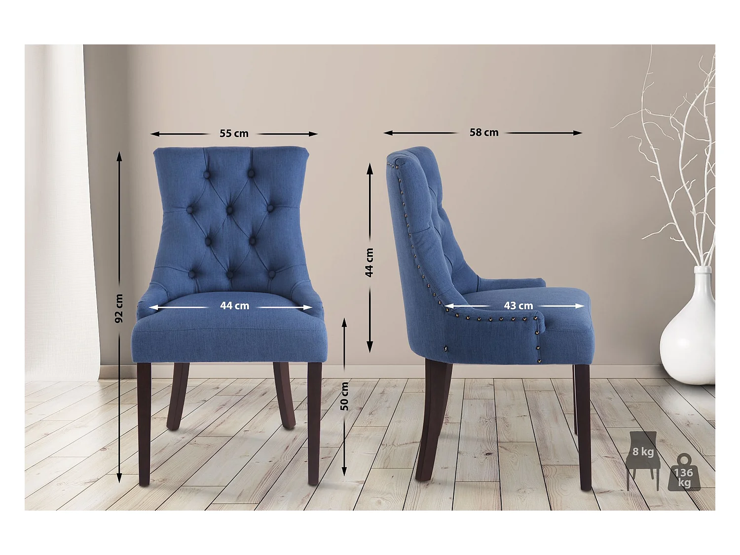 2er Set Esszimmerstuhl - Stoff & antik - blau - Aberdeen