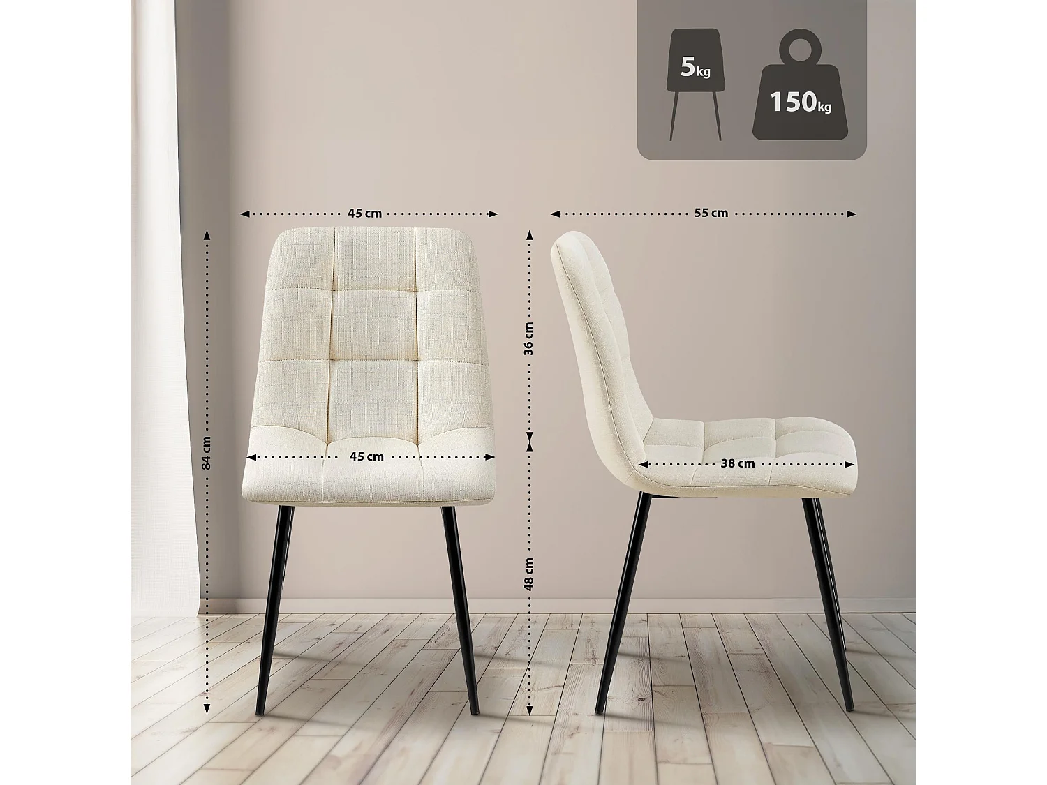 Lot de 4  chaise salle à manger - Tissu - Crème - Tilde