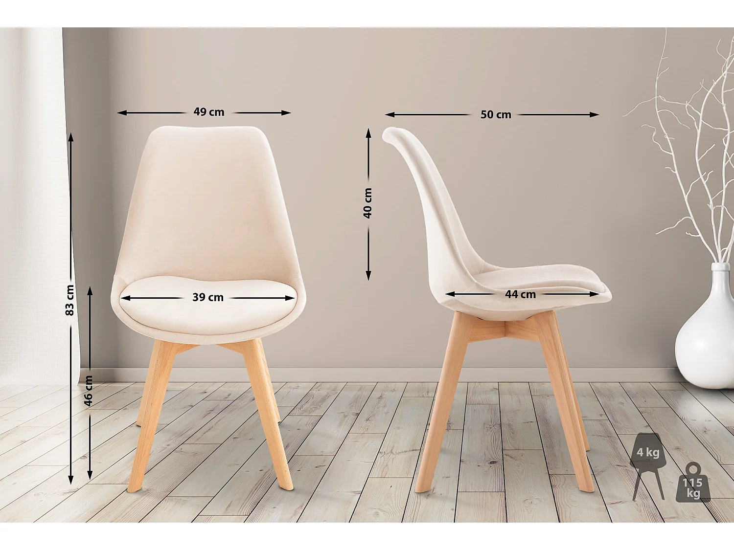 Lot de 4  chaise salle à manger - Velours - Beige - Linares