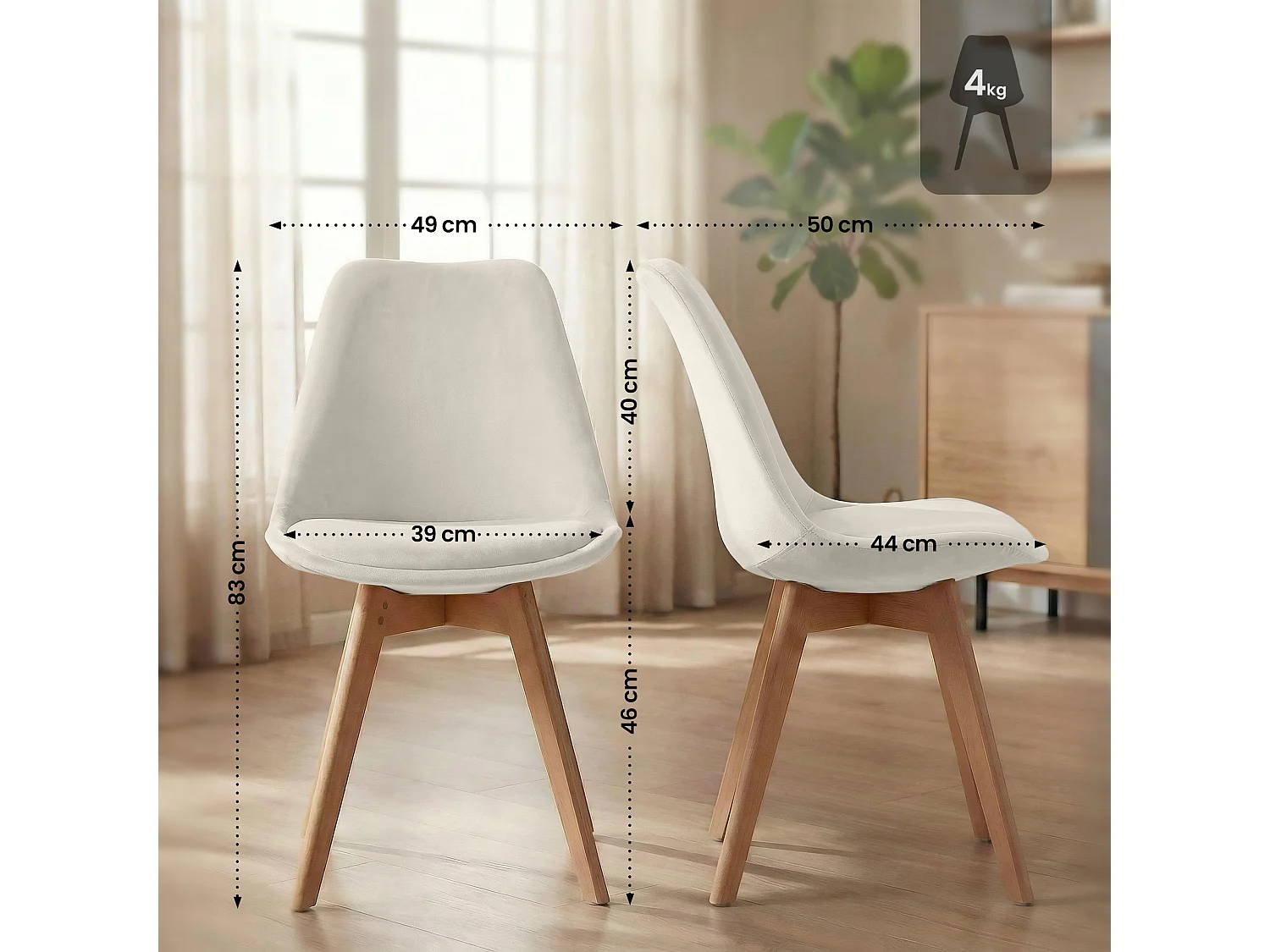 Lot de 4  chaise salle à manger - Velours - Beige - Linares