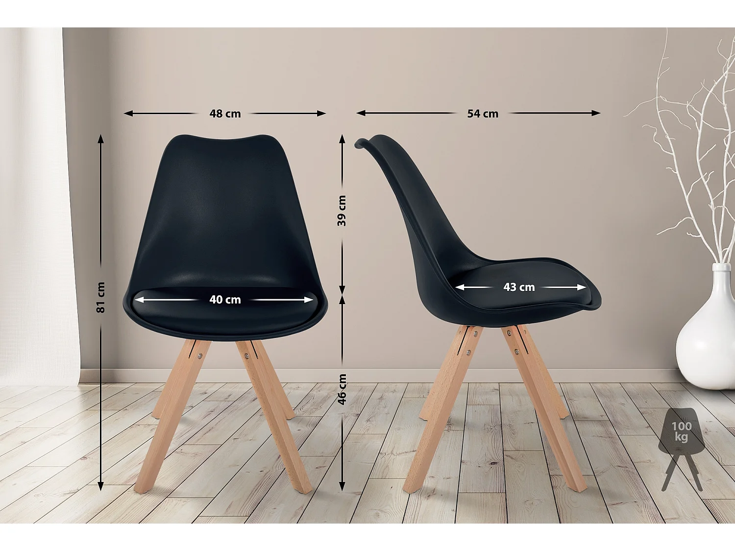 Lot de 4  chaise salle à manger - Plastique & Nature (carré) - Noir - Sofia