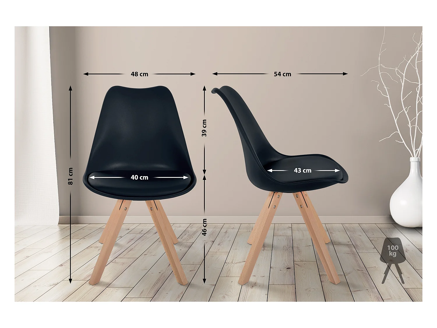 Lot de 4  chaise salle à manger - Plastique & Nature (carré) - Noir - Sofia