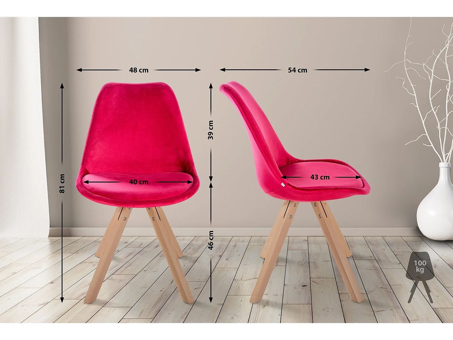 Lot de 4  chaise salle à manger - Velours & Nature (carré) - Rouge - Sofia