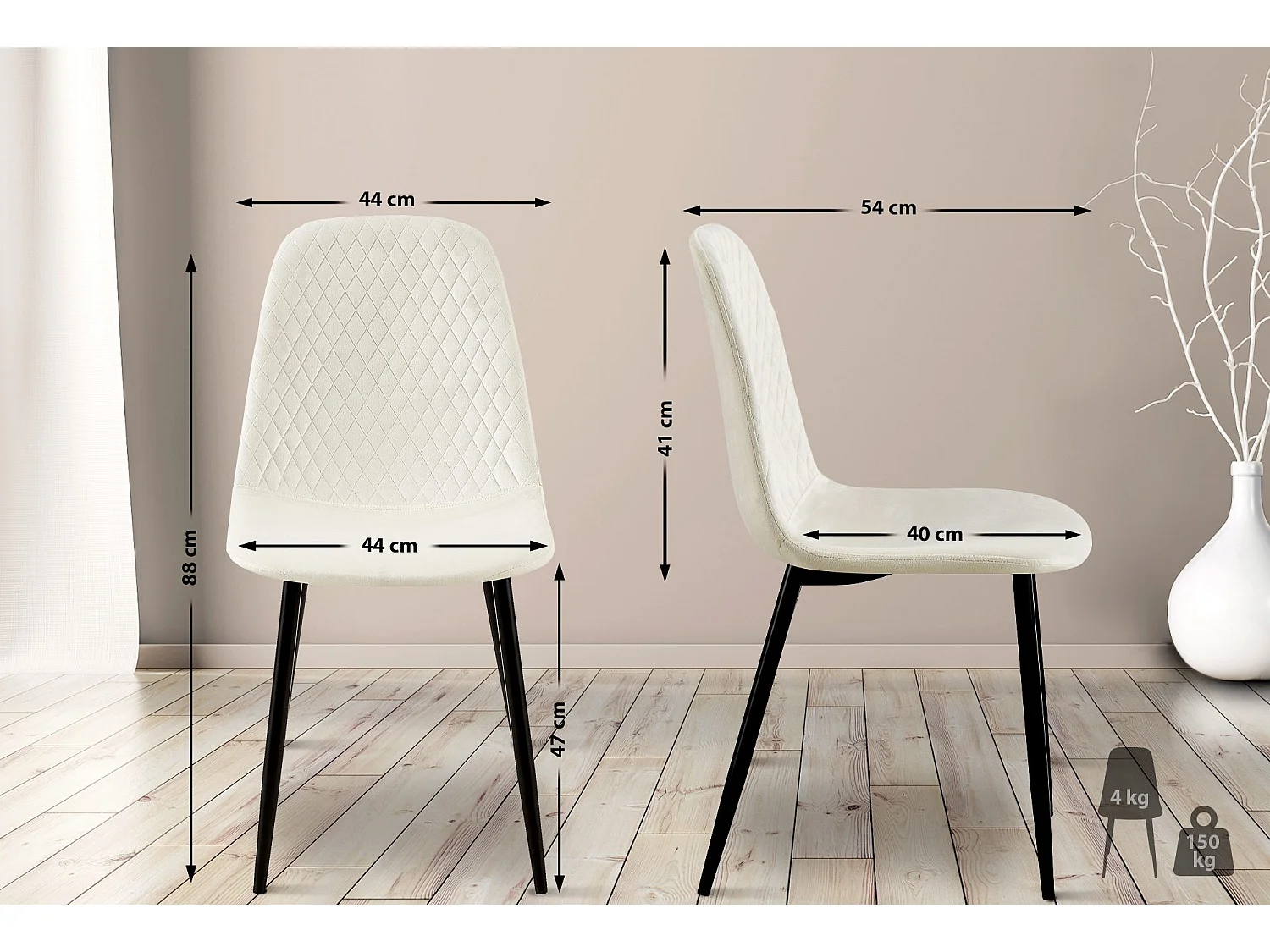 Lot de 4  chaise salle à manger - Velours - Blanc crème - Giverny