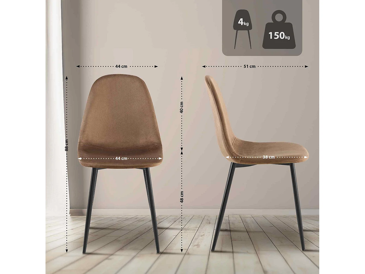 Lot de 4  chaise salle à manger - Velours - Marron - Napier