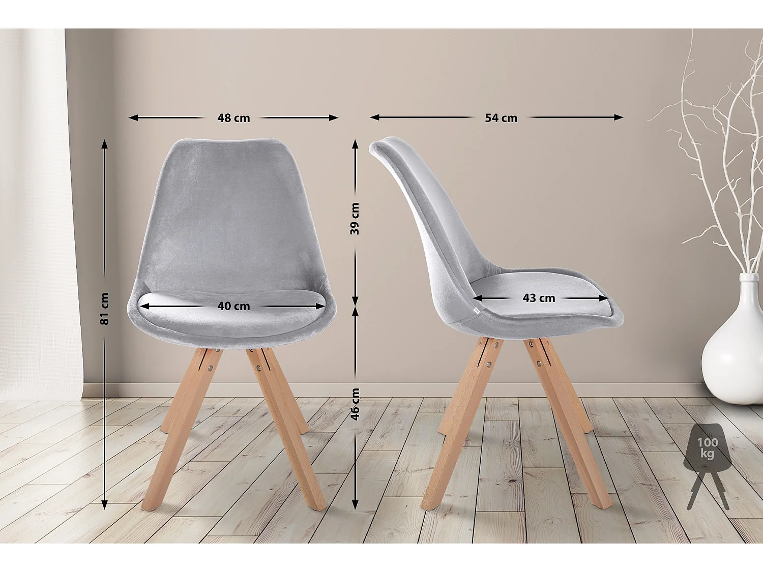 chaise salle à manger - Velours & Nature (carré) - Gris clair - Sofia