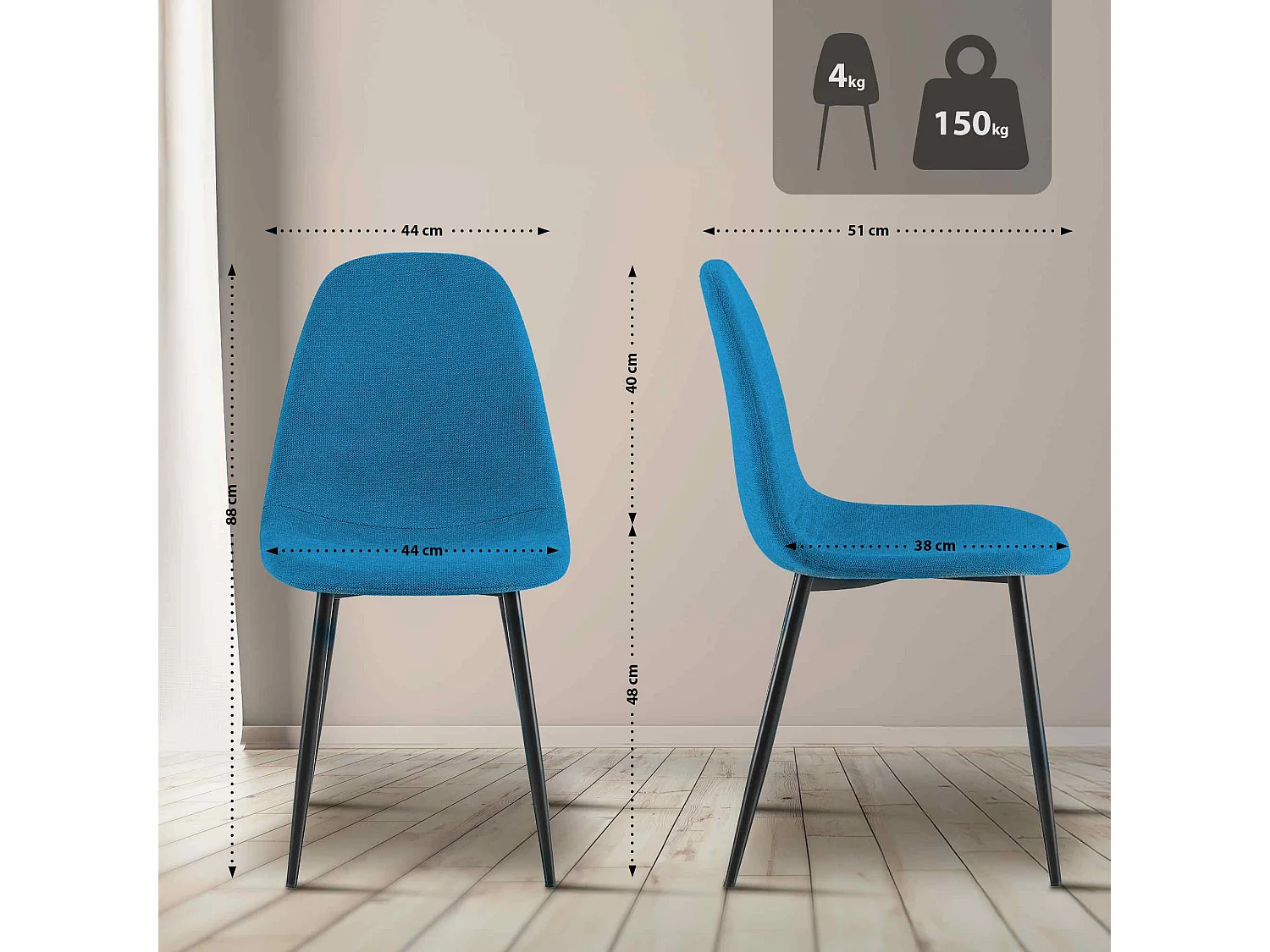 Lot de 4  chaise salle à manger - Tissu - Bleu - Napier