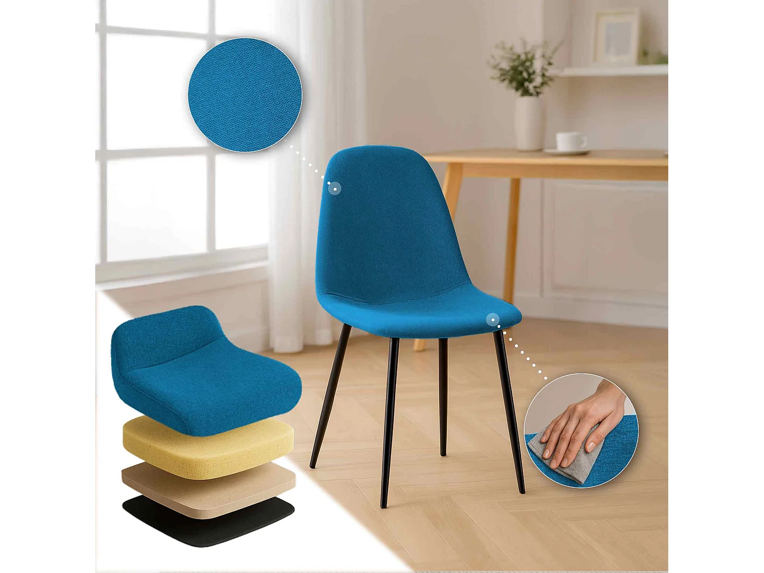 Lot de 4  chaise salle à manger - Tissu - Bleu - Napier