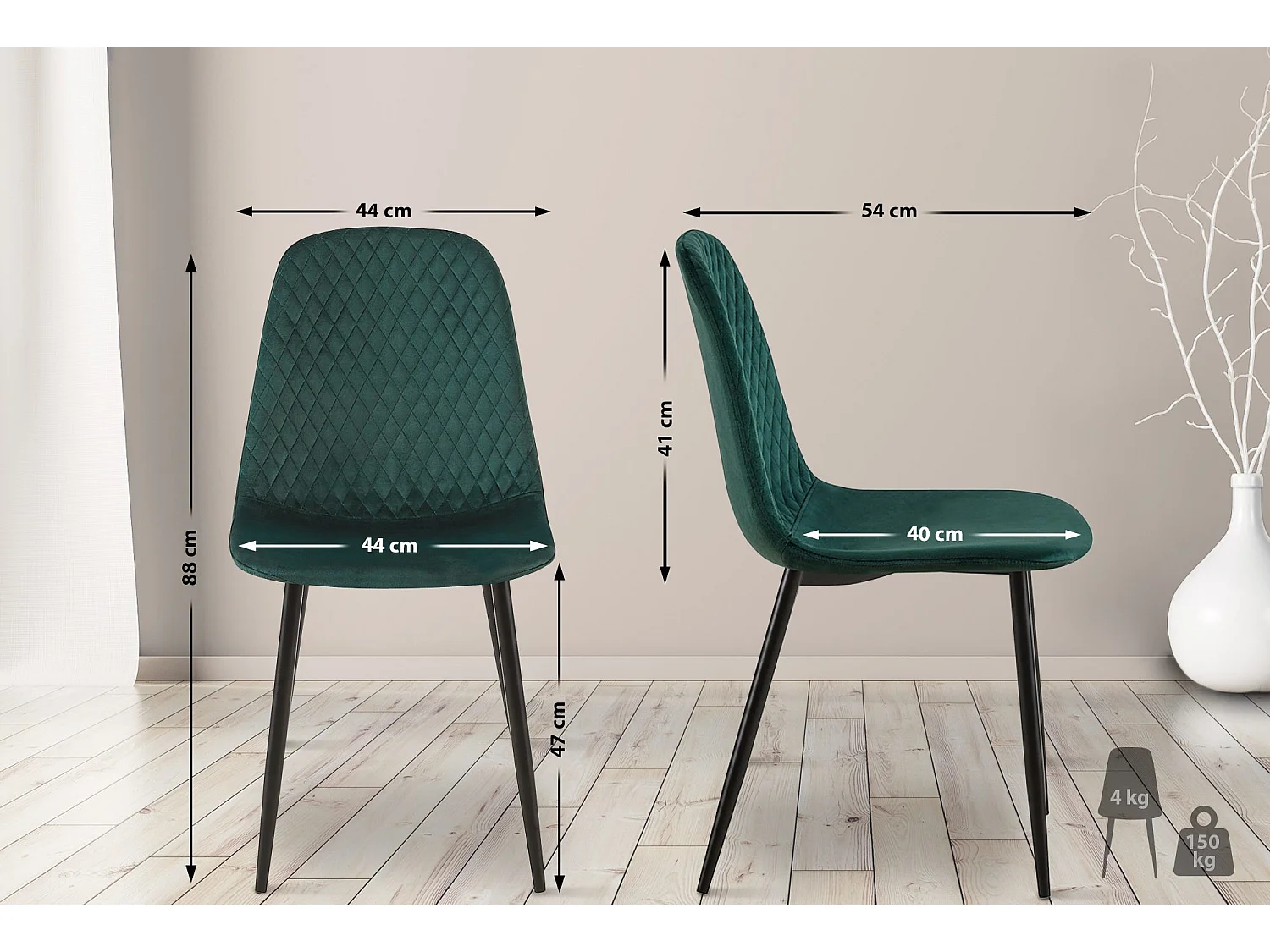 Lot de 4  chaise salle à manger - Velours - Vert - Giverny