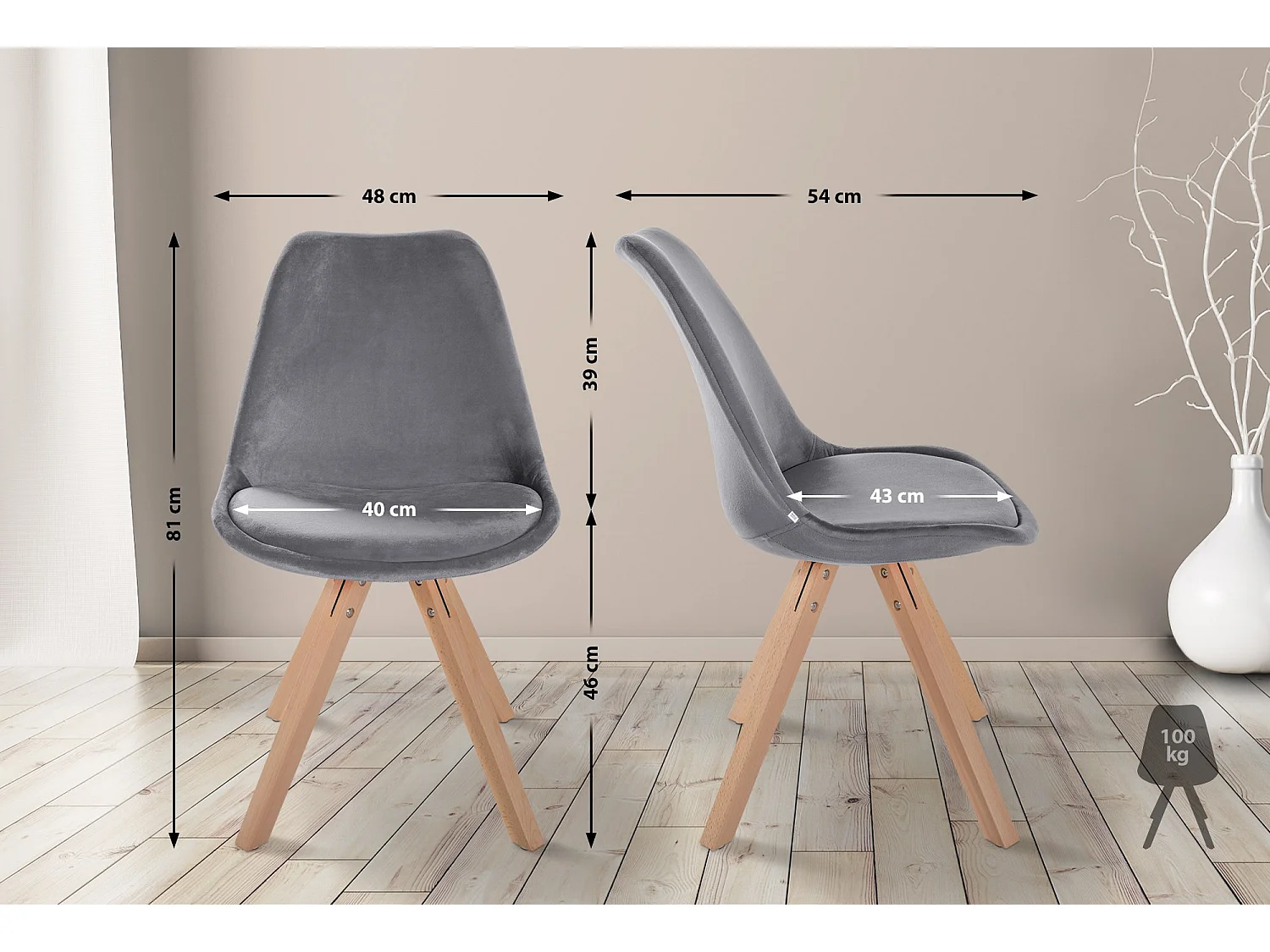 Lot de 4  chaise salle à manger - Velours & Nature (carré) - Gris - Sofia