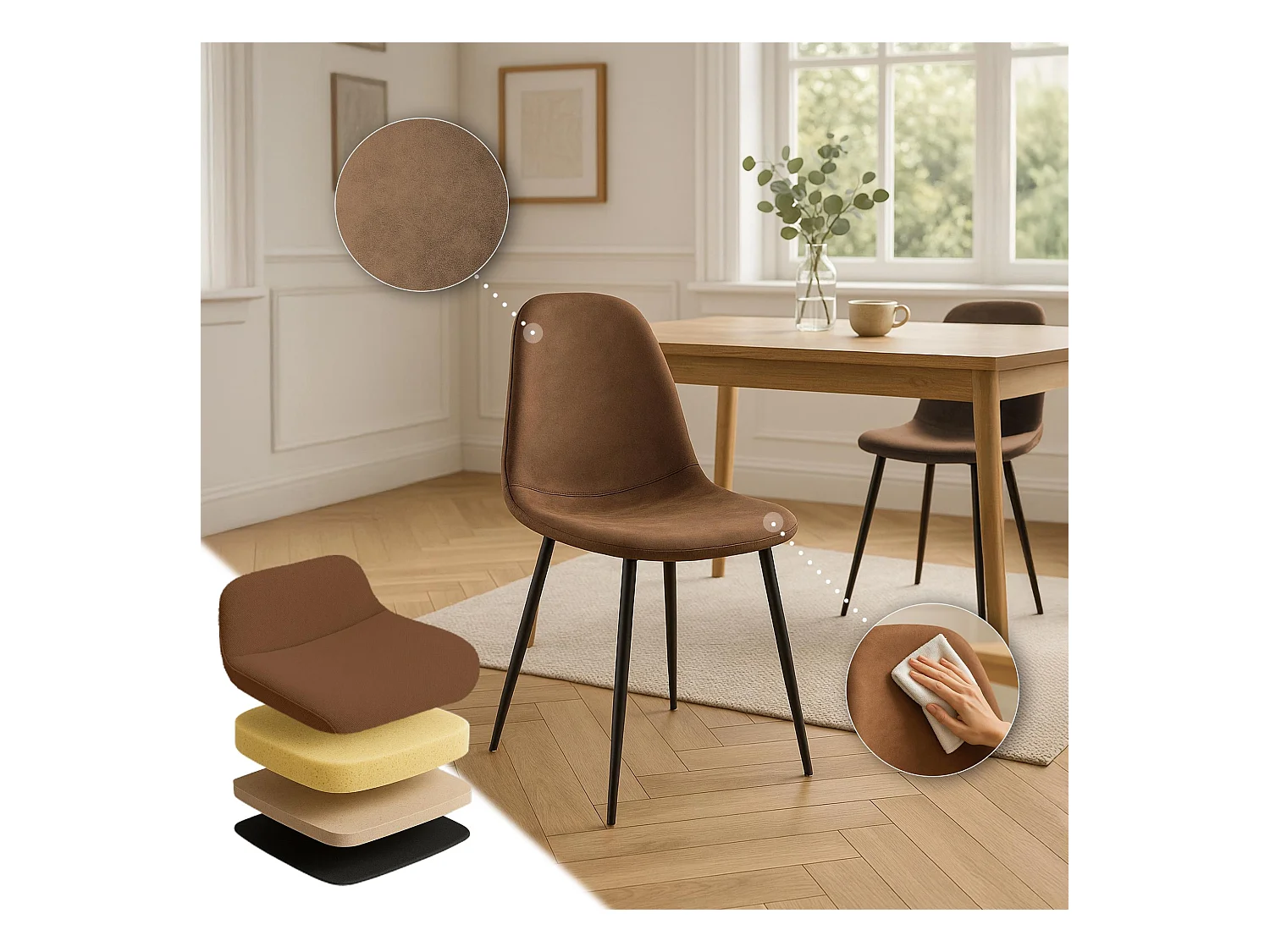 Lot de 4  chaise salle à manger - Similicuir - Marron - Napier