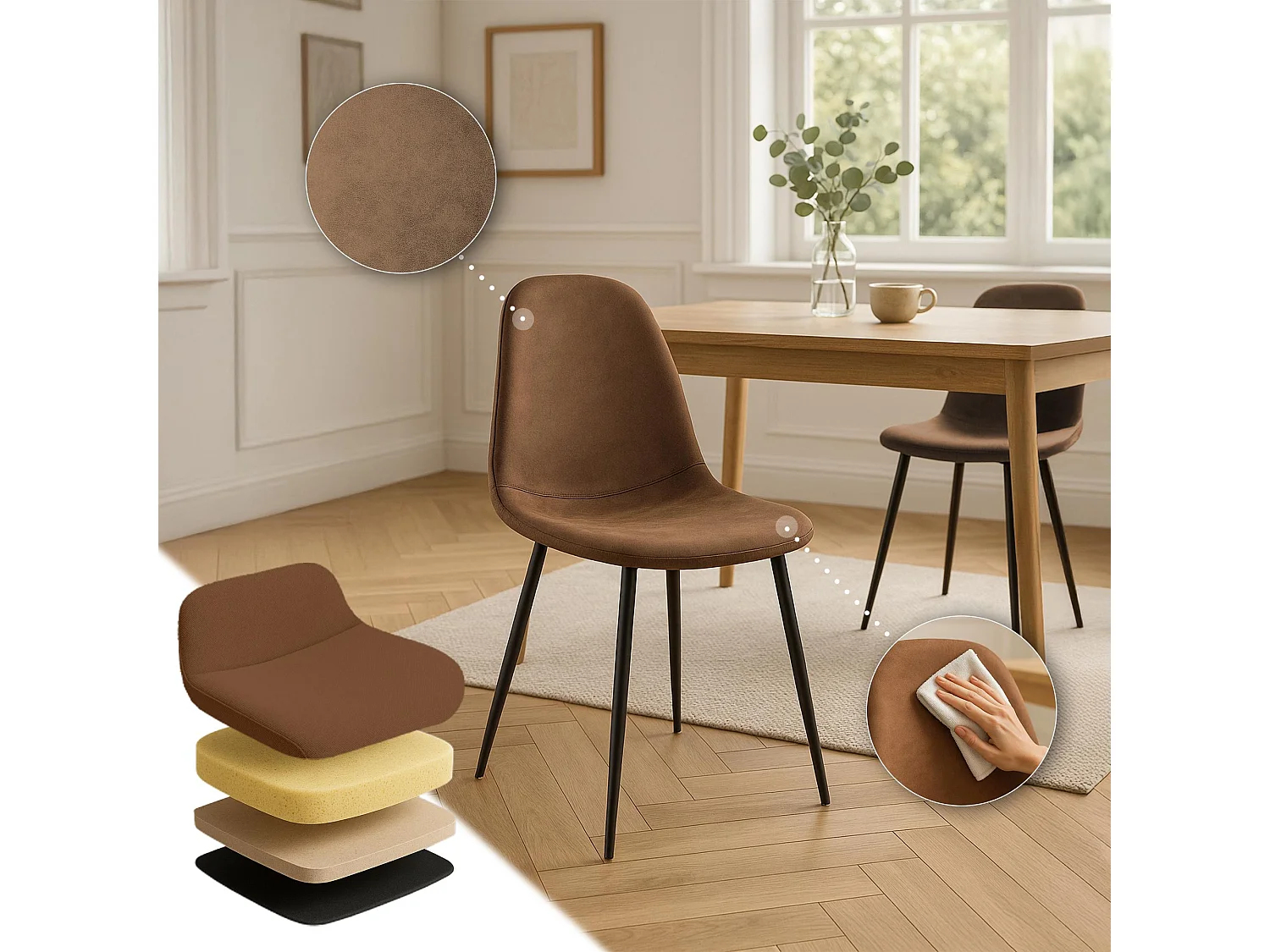 Lot de 4  chaise salle à manger - Similicuir - Marron - Napier