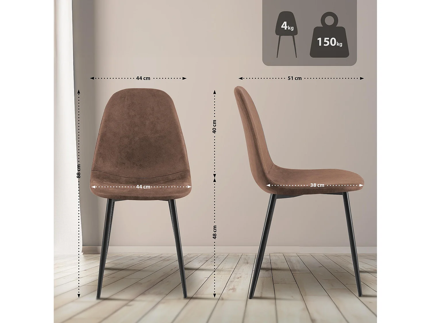 Lot de 4  chaise salle à manger - Similicuir - Marron - Napier