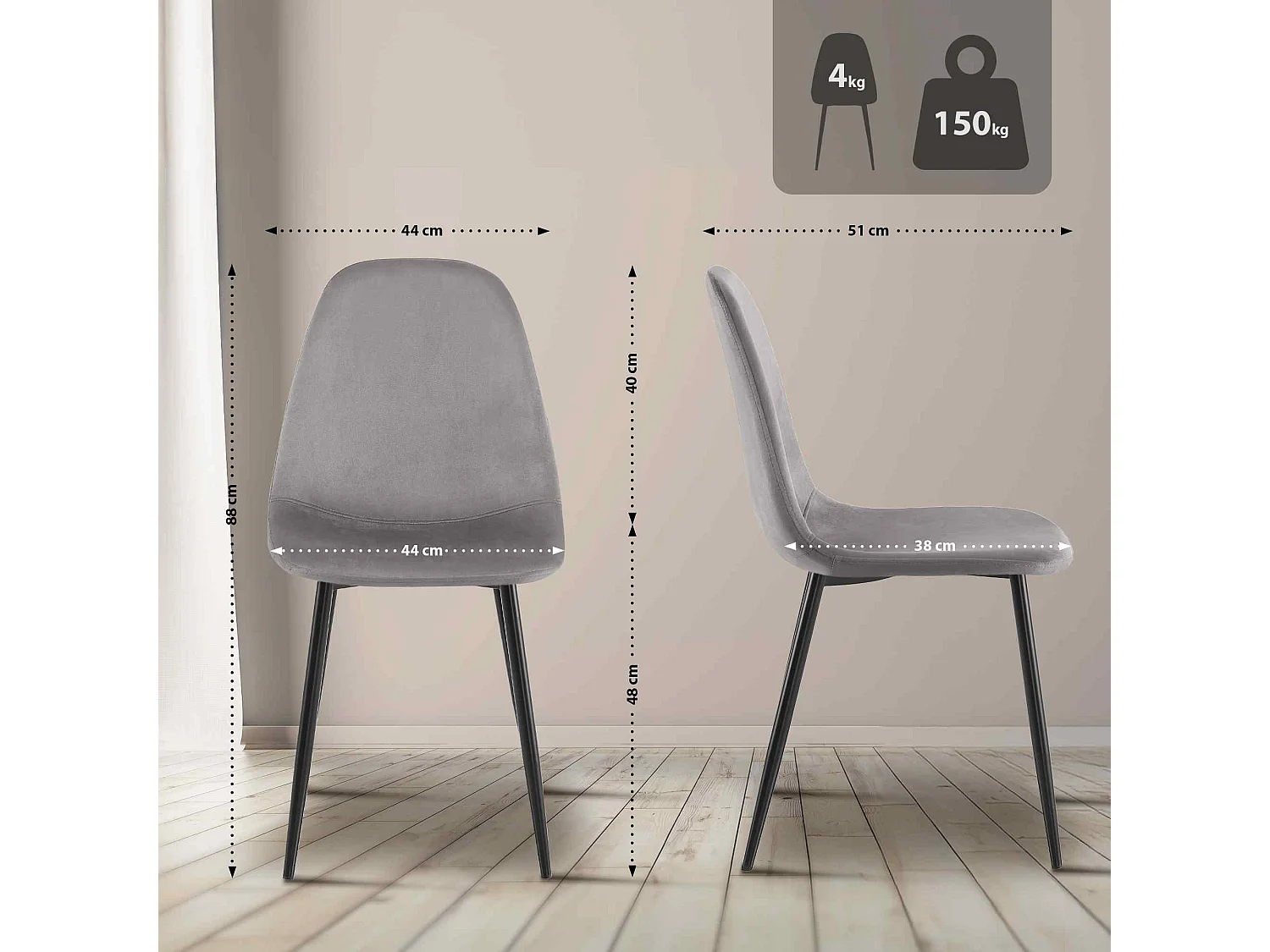 Lot de 4  chaise salle à manger - Velours - Gris - Napier