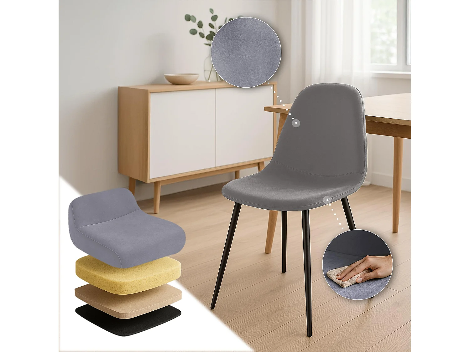 Lot de 4  chaise salle à manger - Velours - Gris - Napier