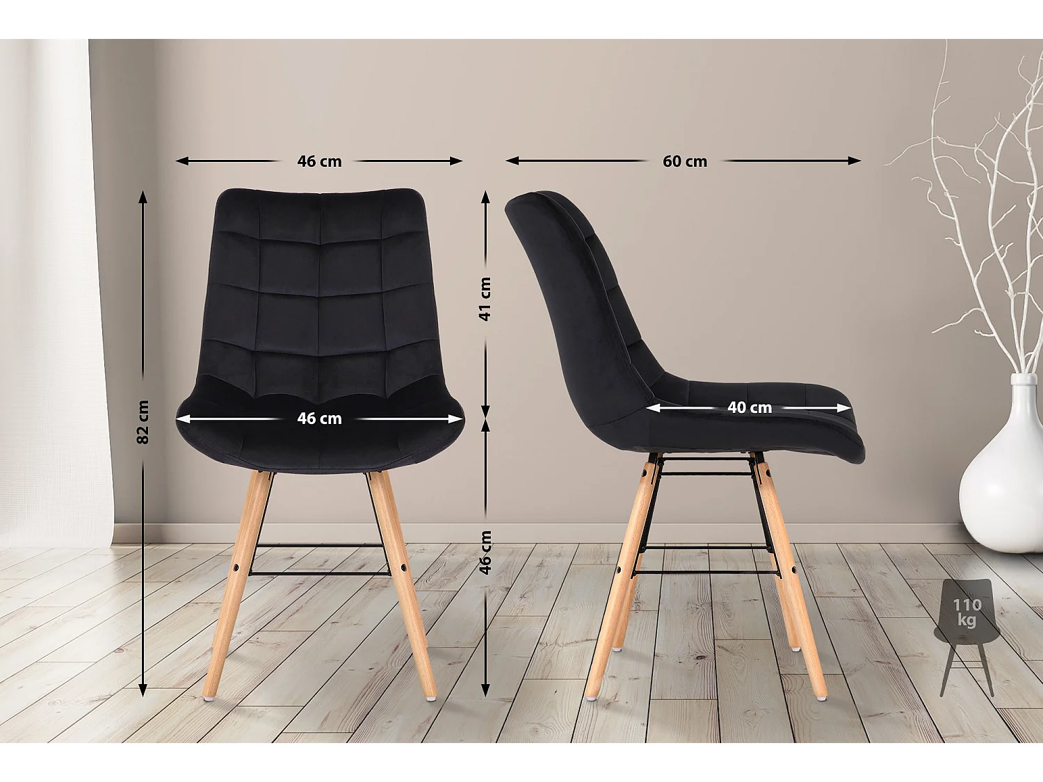 chaise salle à manger - Velours - Noir - Leni