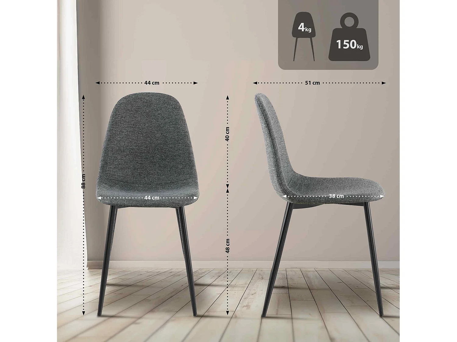 Lot de 4  chaise salle à manger - Tissu - Gris - Napier