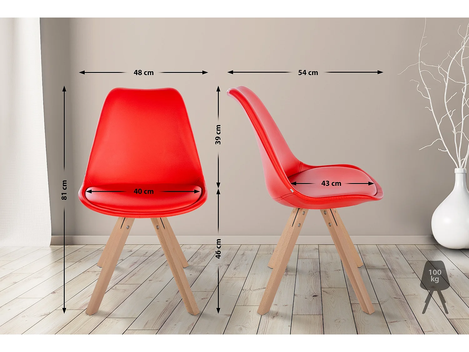 chaise salle à manger - Similicuir & Bois - Rouge - Sofia