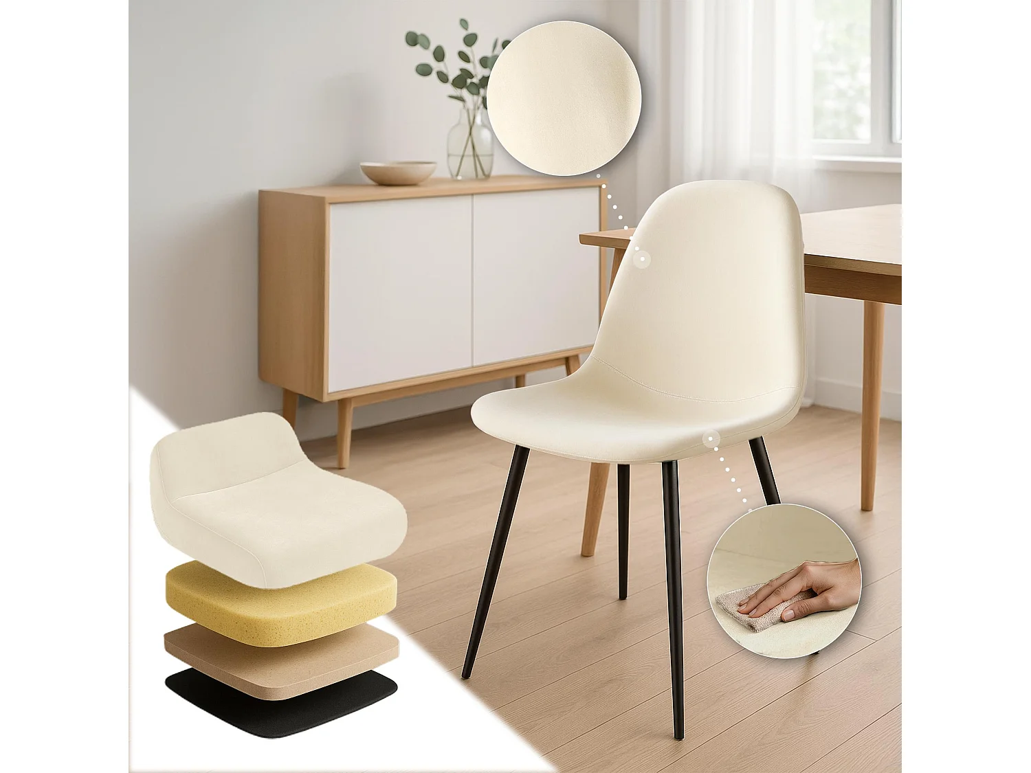 Lot de 4  chaise salle à manger - Velours - Crème - Napier