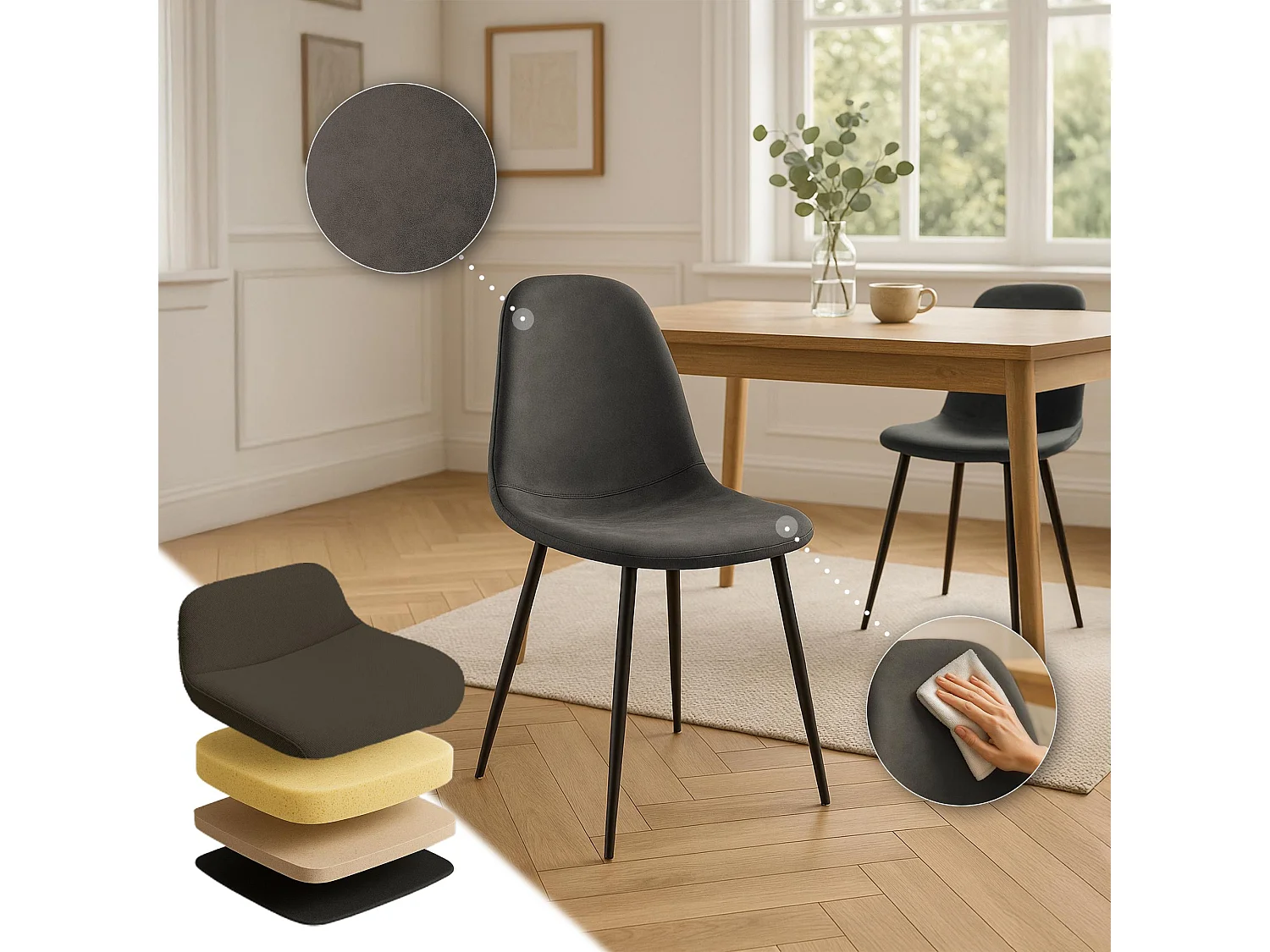 Lot de 4  chaise salle à manger - Similicuir - Noir - Napier