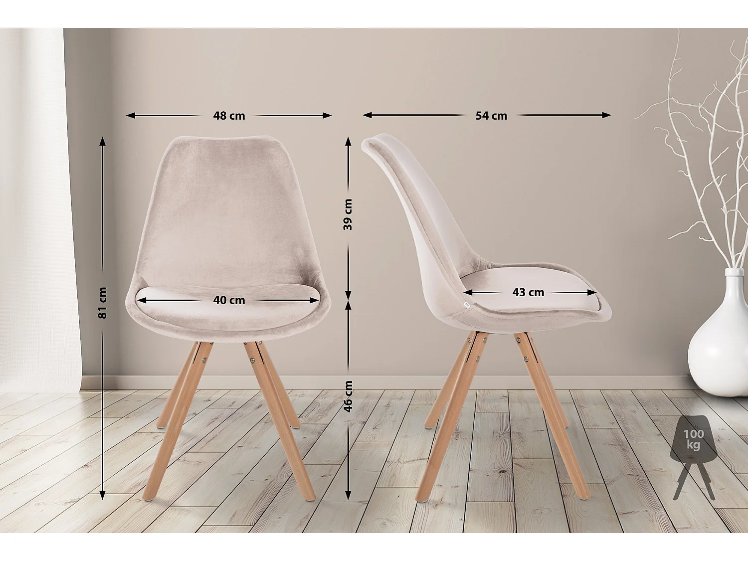 Lot de 4  chaise salle à manger - Velours & Bois - Beige - Sofia