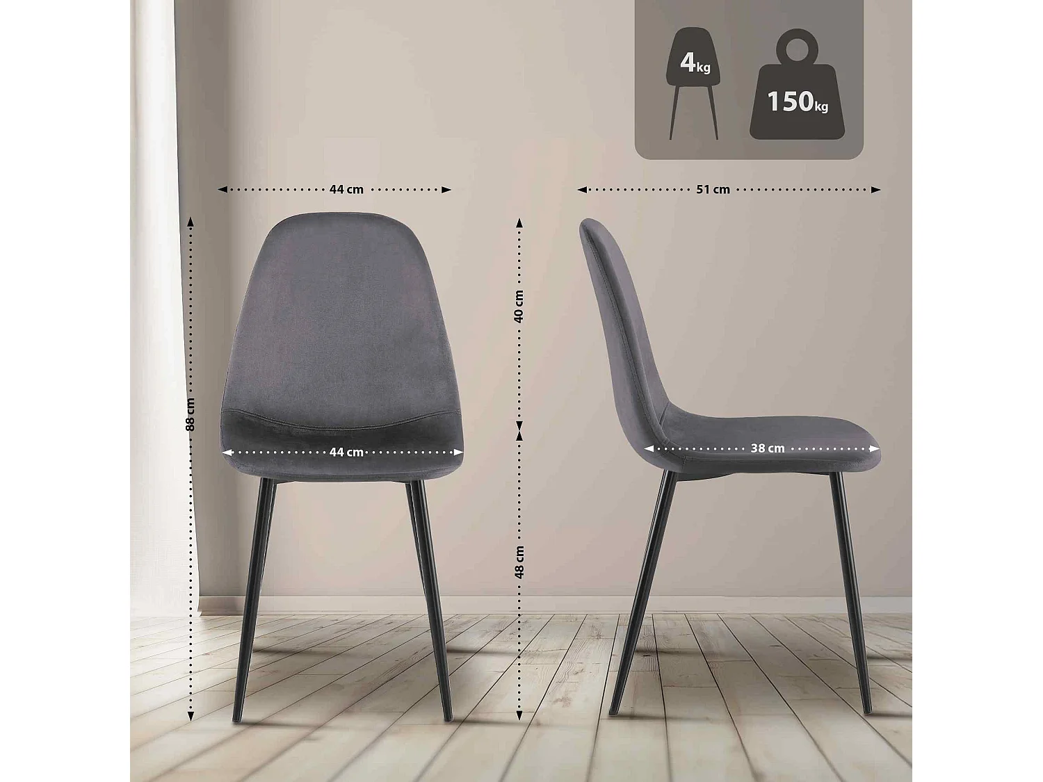 Lot de 4  chaise salle à manger - Velours - Gris foncé - Napier