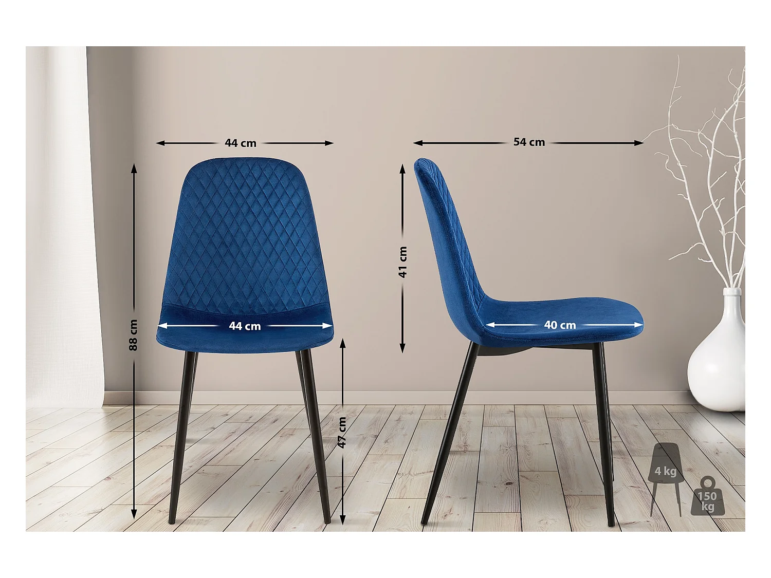 Lot de 4  chaise salle à manger - Velours - Bleu - Giverny