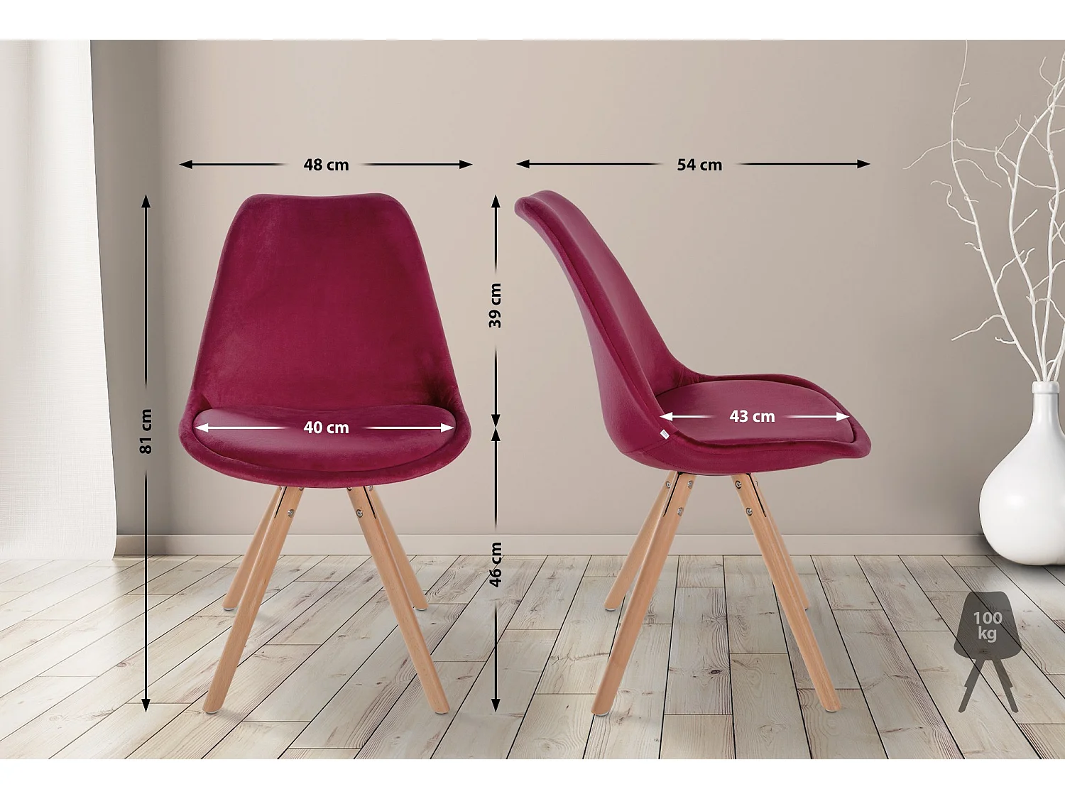 Lot de 4  chaise salle à manger - Velours & Nature (rond) - Bordeaux - Sofia