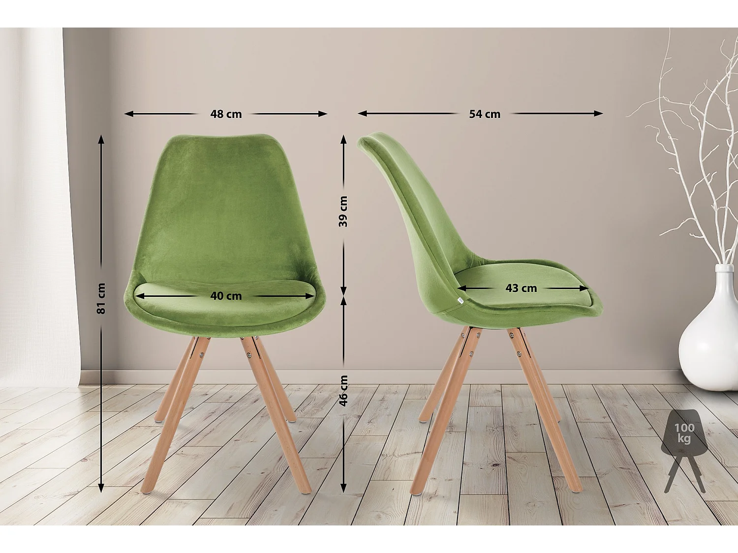 Lot de 4  chaise salle à manger - Velours & Nature (rond) - Vert clair - Sofia