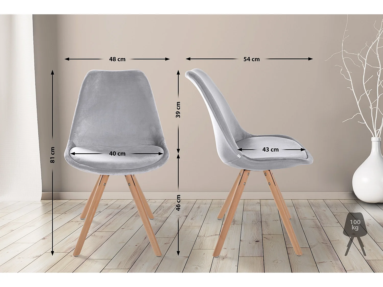 Lot de 4  chaise salle à manger - Velours & Nature (rond) - Gris clair - Sofia