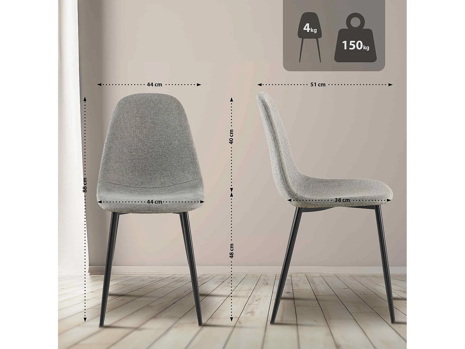 Lot de 4  chaise salle à manger - Tissu - Gris clair - Napier