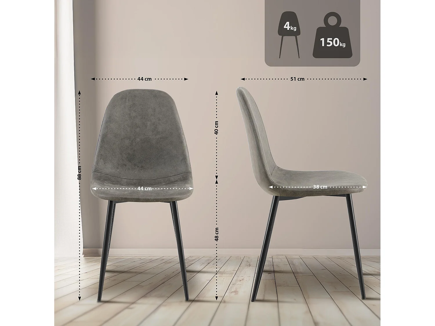 Lot de 4  chaise salle à manger - Similicuir - Gris foncé - Napier