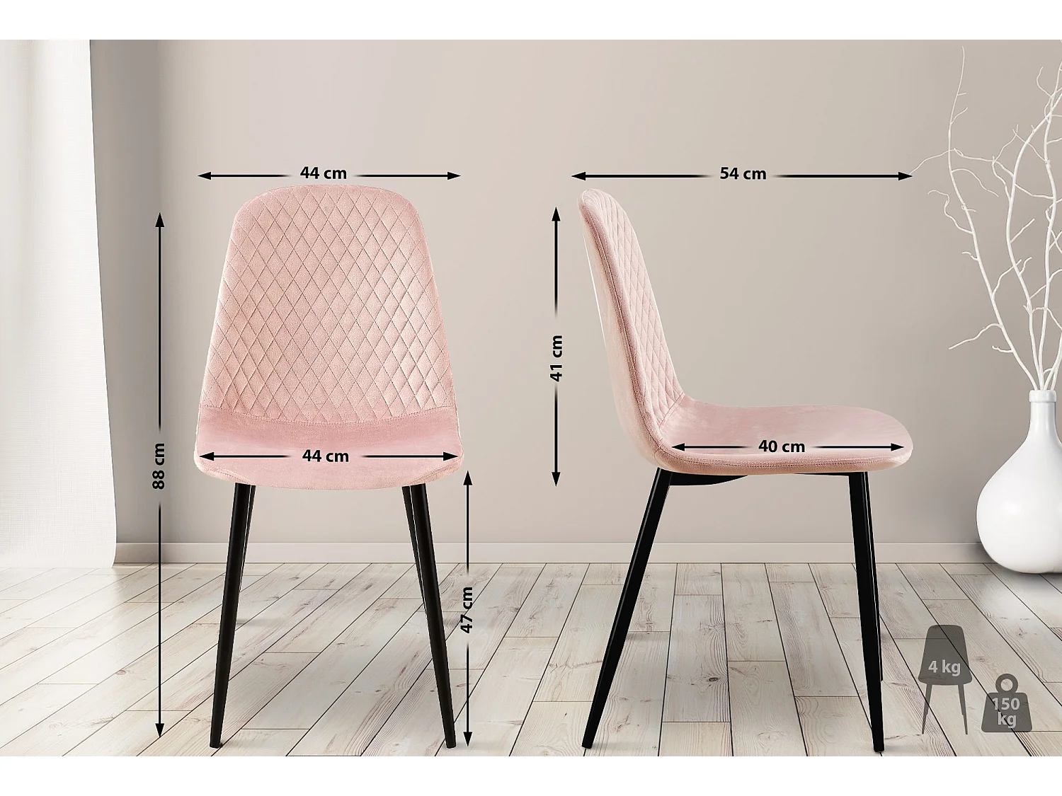 Lot de 4  chaise salle à manger - Velours - Rose - Giverny