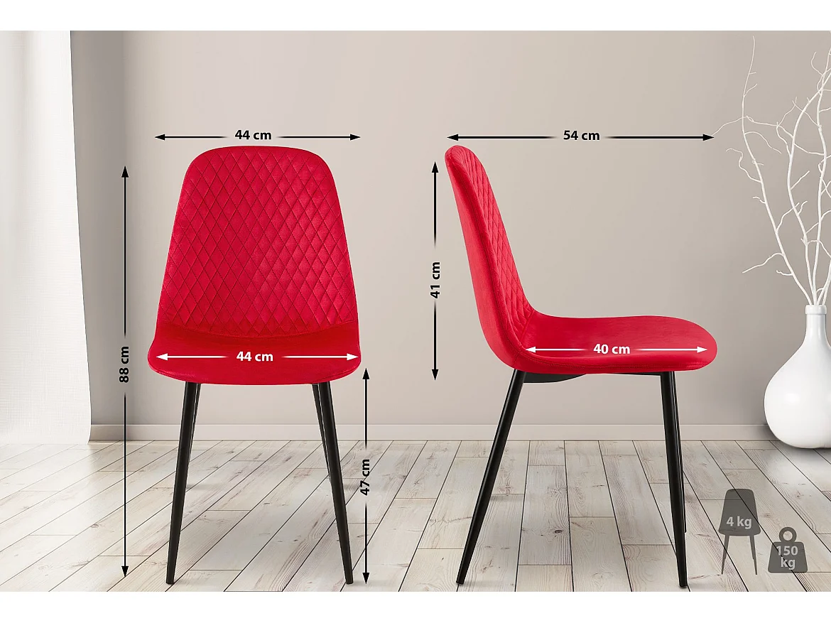 Lot de 4  chaise salle à manger - Velours - Rouge - Giverny