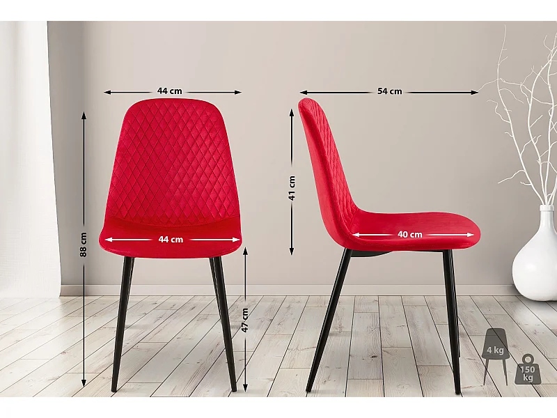 Lot de 4  chaise salle à manger - Velours - Rouge - Giverny