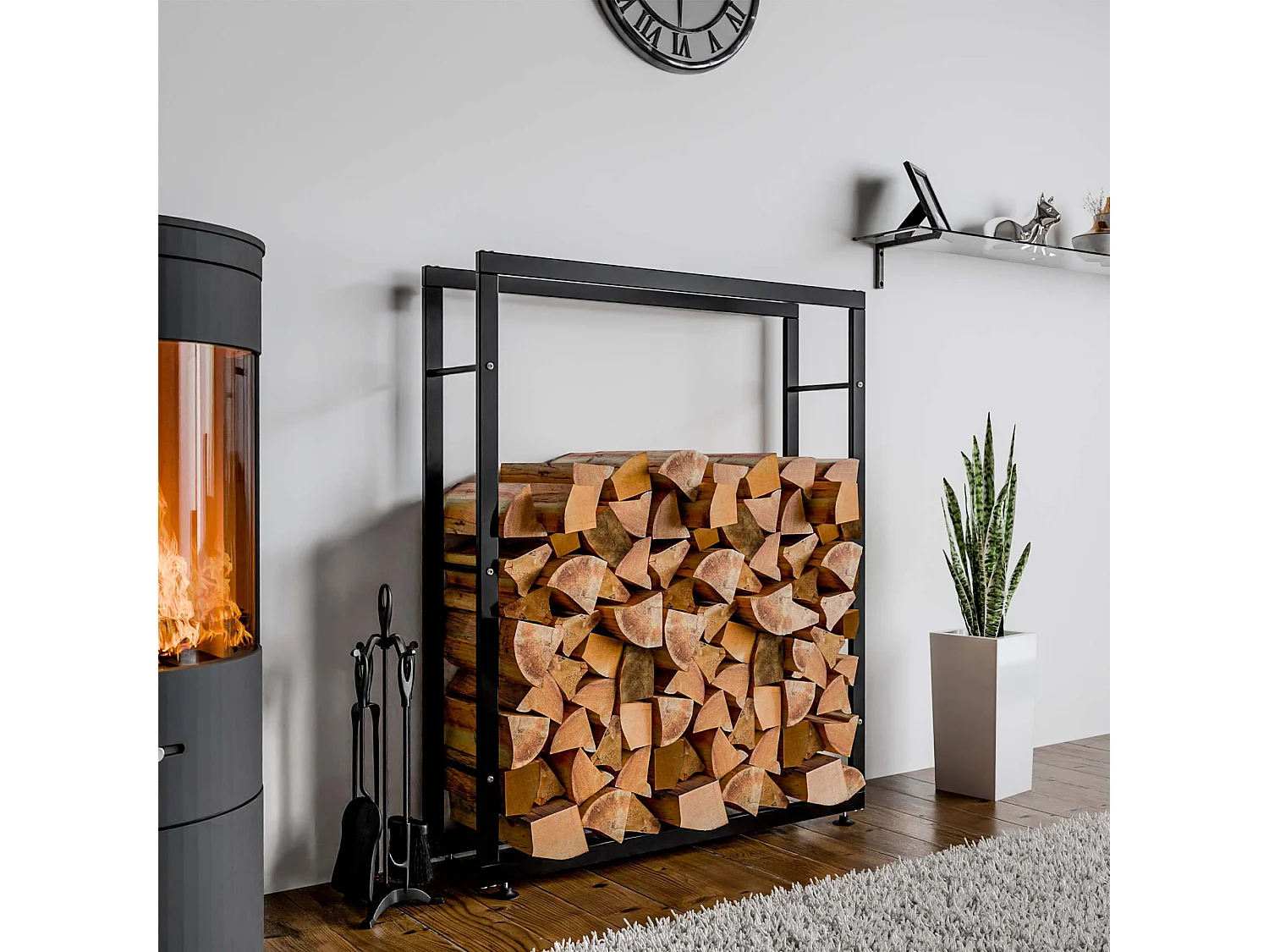 Etagère bois de cheminée - Métal - 25x100x150 cm - Noir - Keri V2