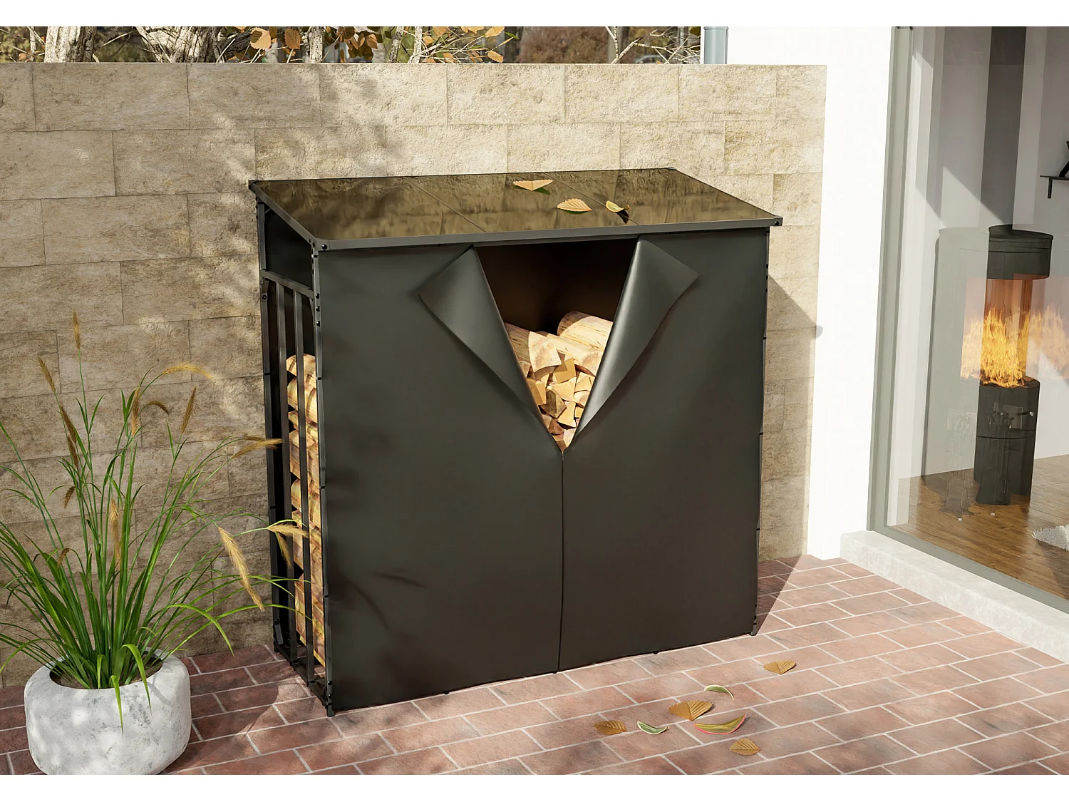 Etagère bois de cheminée - Métal - XL - Anthracite - Ruston