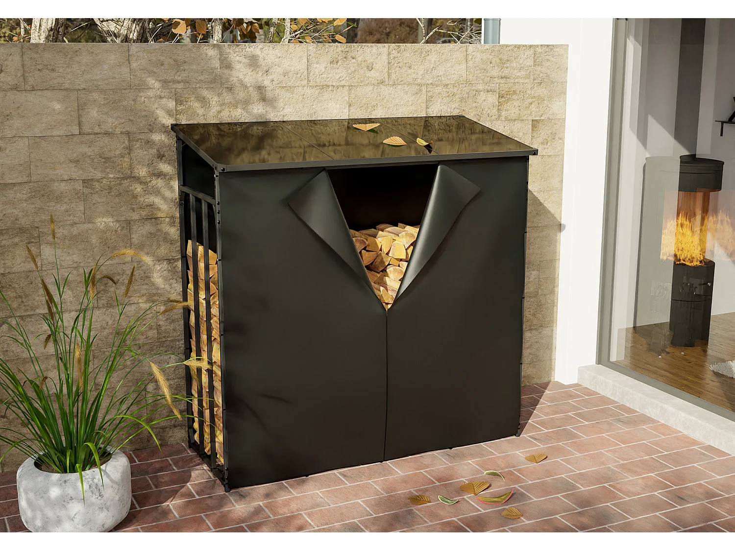 Etagère bois de cheminée - Métal - XL - Anthracite - Ruston