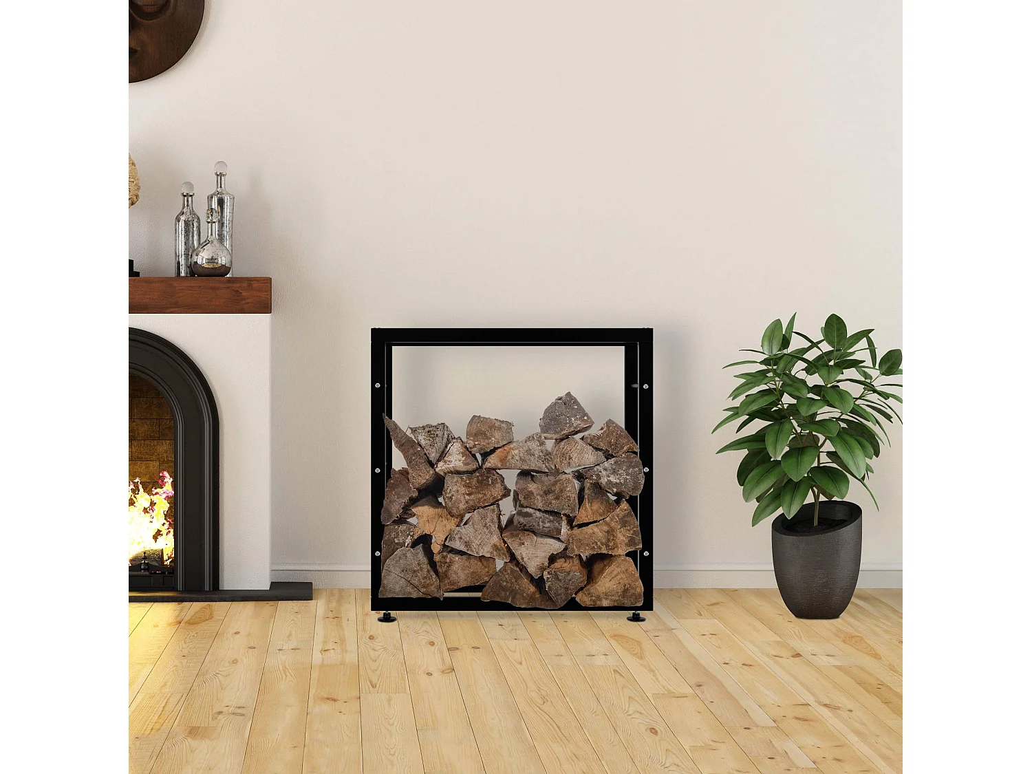 Etagère bois de cheminée - Métal - 25x80x80 cm - Noir - Keri V2